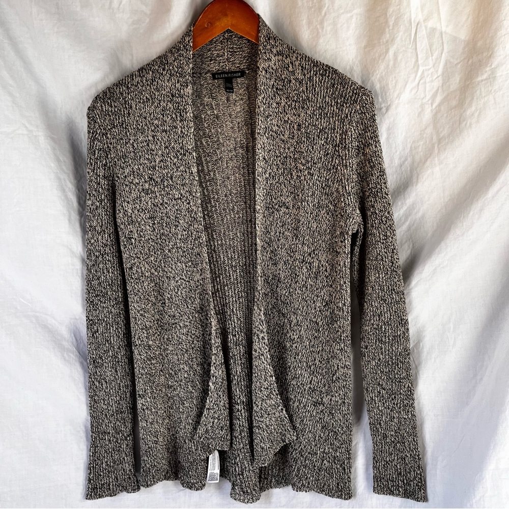 Eileen Fisher Women XS Open Front Linen Wool Cardigan Sweater Loose Knit Grey